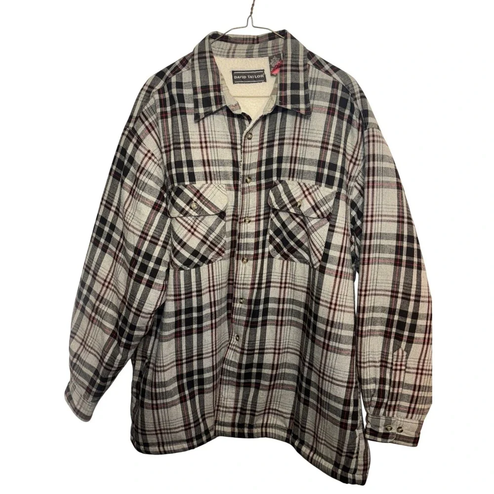 David Taylor Mens Large Grey Black Red Plaid Sherpa Lined Flannel Shacket Jacket